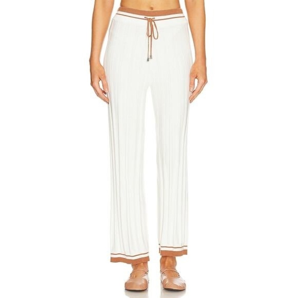 SANCIA Ribbed Knit Wide Leg Pants Cream Tan Trim Drawstring Anthropologie Medium